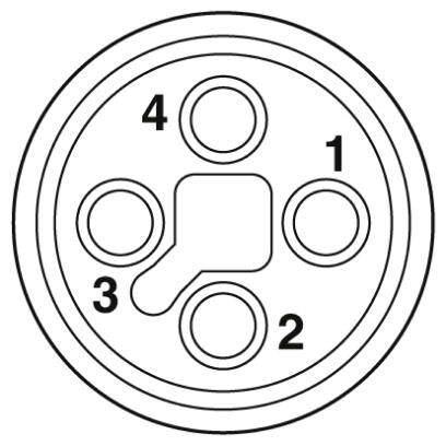 Ein runder elektrischer Steckverbinder mit vier nummerierten Pins. Die Pins sind im Uhrzeigersinn nummeriert: 1, 2, 3 und 4.