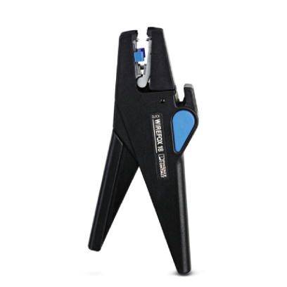 Werkzeug zur Abisolierung von Kabeln; schwarz mit blauen Akzenten; ergonomischer Griff.