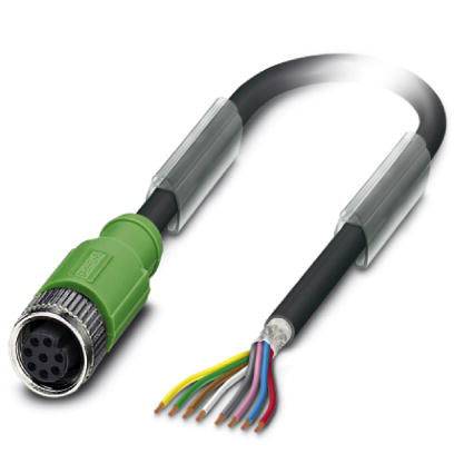 Ein M12-Stecker mit freiliegenden, farbcodierten Kabelenden zur Verbindung in industriellen Anwendungen.