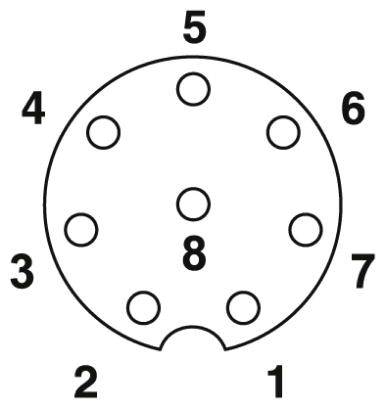 '8-poliger DIN-Stecker Schema.' Kreisanordnung mit nummerierten Anschlusspunkten: 1 bis 8. Steckerform und Pin-Positionen veranschaulicht.