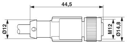 Technische Zeichnung eines Steckverbinders mit Maßen: Länge 44,5 mm, Durchmesser 12 mm und 14,8 mm, Gewinde M12.