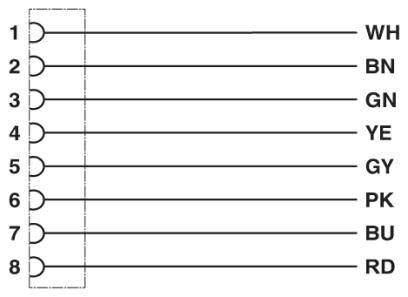 Diagramm mit acht nummerierten Kabelverbindungen: 1 'WH', 2 'BN', 3 'GN', 4 'YE', 5 'GY', 6 'PK', 7 'BU', 8 'RD'.