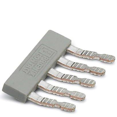 Grauer elektronischer Bauteil mit mehreren gebogenen Metallanschlüssen.