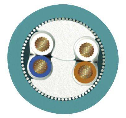 Querschnitt eines elektrischen Kabels mit zwei Kupferdrähten, isoliert in blauen und orangefarbenen Hüllen, umgeben von grauer Ummantelung.