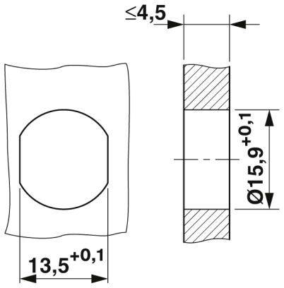 Technische Zeichnung eines Bauteils mit Maßen: Länge 13,5±0,1, Durchmesser 15,9±0,1, und eine Breite von ≤4,5.