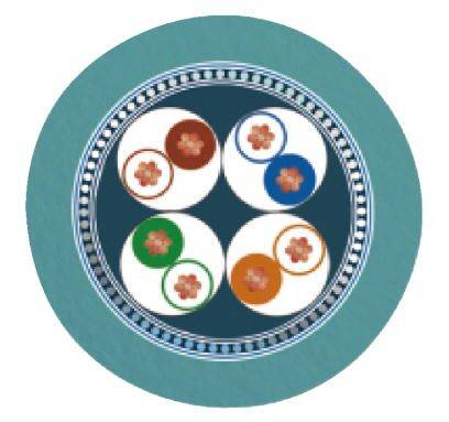 Ein rundes Ornament mit vier Blütenmustern in den Farben Rot, Blau, Grün und Braun, umgeben von einem blauen und weißen Rand.