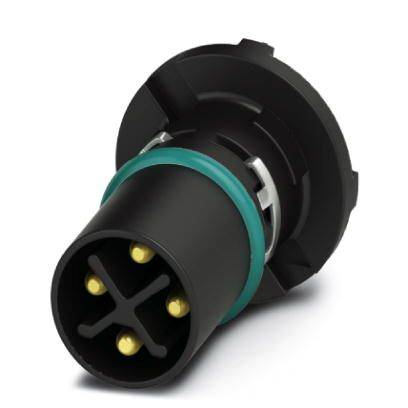 Schwarzer, kreisförmiger Elektronik-Stecker mit mehreren gelben Kontakten und grünem Kunststoffring auf weißem Hintergrund.