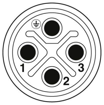 Vierpoliger Stecker mit Erdungssymbol oben links und nummerierten Anschlüssen im Uhrzeigersinn: 1, 3, 2.