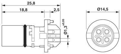 Technische Zeichnung eines Steckverbinders mit Maßangaben: Gesamtlänge 25,8 mm, Breite 14,5 mm, verschiedene Abschnitte detailliert markiert.