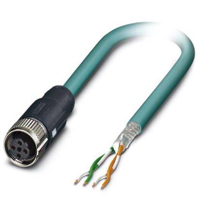 Grünes Ethernet-Kabel mit Stecker auf einer Seite und offenen Drähten auf der anderen, geeignet für industrielle Netzwerkverbindungen.
