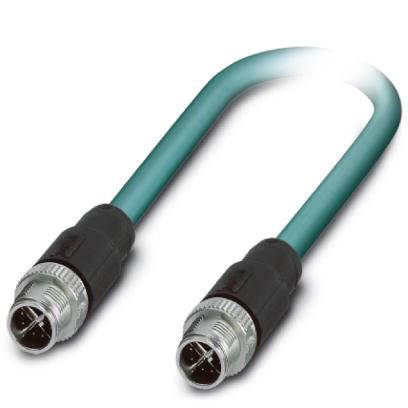 Ein grün-schwarzes Ethernet-Kabel mit M12-Steckern an beiden Enden, geeignet für industrielle Netzwerkverbindungen.