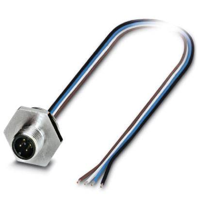 Ein Metallstecker mit drei farbigen Kabeln – schwarz, blau und braun – ragt hervor. Elektronisches Verbindungselement.