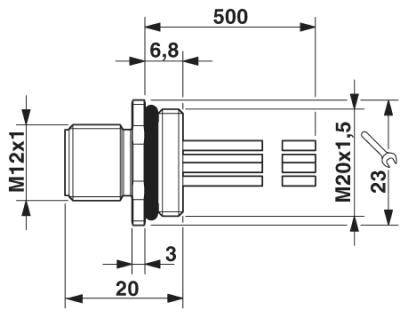 Technische Zeichnung eines Kabelverbinders mit Maßen: Gesamtlänge 500 mm, Gewinde M12x1 und M20x1,5, Länge des Steckers 20 mm.