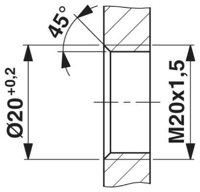 Technische Zeichnung eines zylindrischen Bauteils mit Maßen: Durchmesser 20mm, Toleranz +0,2mm, Gewinde M20x1,5, 45° Fase.