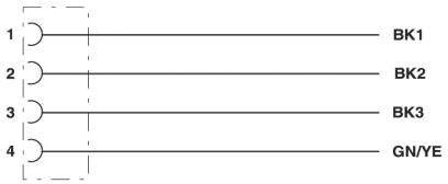 Darstellung von vier parallelen Kabeln, nummeriert 1 bis 4, mit Bezeichnungen BK1, BK2, BK3, GN/YE daneben.