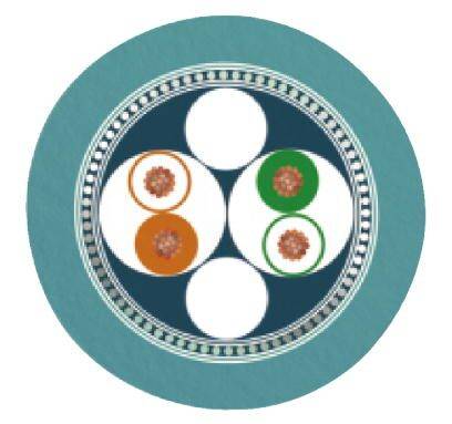 Ein abstraktes Muster aus Kreisen und Linien in verschiedenen Farben, darunter Weiß, Orange und Grün, auf einem blauen Hintergrund.