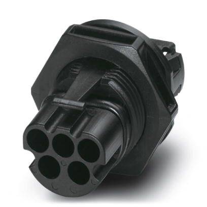 Ein schwarzer, runder Kunststoffstecker mit fünf Löchern, verwendet in elektronischen oder elektrischen Gerätekonstruktionen.
