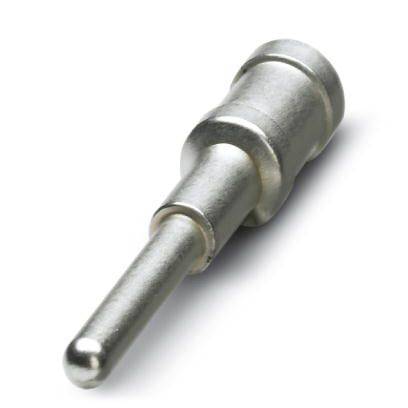 Ein silberner metallischer Stiftkontakt, der in elektrischen Steckverbindern verwendet wird.