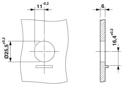 Technische Zeichnung einer Bohrung. Darstellung der Vorder- und Seitenansicht mit Maßen: Durchmesser 25,5 mm, Position 11 mm und 16 mm von den Kanten.