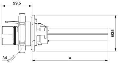 Seitliche technische Zeichnung eines elektrischen Steckers, Maße: Länge 29,5 mm, Durchmesser 35 mm; Schraubenschlüssel Nr. 34 markiert.