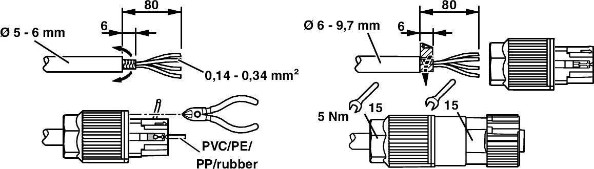 Technische Zeichnung von Kabelverbindern: Links zeigt einen Steckverbinder mit Kabelquerschnittsdetails, rechts die Montage mit Werkzeugen.
