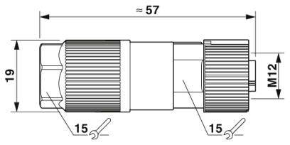 Technische Zeichnung eines Steckverbinders mit Abmessungen: Länge ca. 57 mm, Durchmesser 19 mm, Gewinde M12. Schraubengrößen 15.