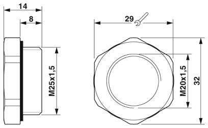 Diagramm einer Sechskantmutter mit Maßeinheiten. Seitenansicht links zeigt 14 und 8 mm Höhe, Aufsicht rechts zeigt 29 mm Breite.