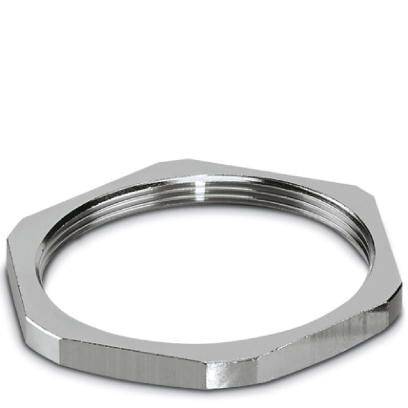Eine sechseckige metallene Mutter, glänzend und gewindet, liegt auf einer flachen Oberfläche.