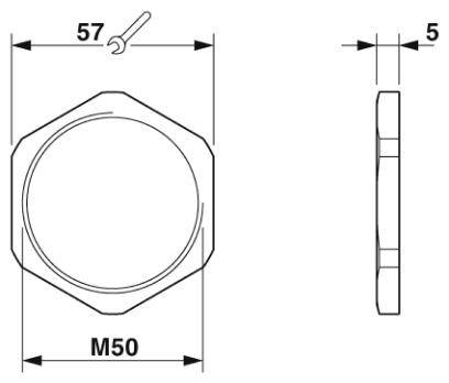 Technische Zeichnung einer sechseckigen Mutter mit den Maßen: 57 mm Durchmesser, 5 mm Dicke, M50 Gewinde.