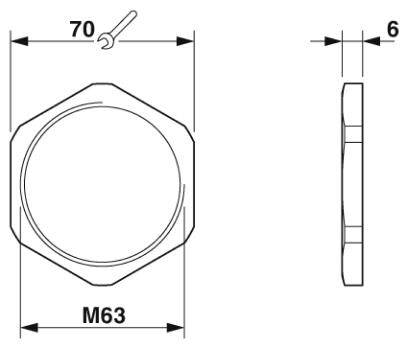 Technische Zeichnung einer Sechskantmutter mit den Maßen: Durchmesser 70 mm, Dicke 6 mm, Kennzeichnung 'M63'. Seiten- und Obenansicht gezeigt.