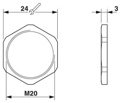 Technische Zeichnung eines Sechskantmutter M20. Abmessungen: Breite 24 mm, Höhe 3 mm. Seiten- und Draufsicht dargestellt.