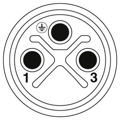 Ein kreisförmiger Steckverbinder mit drei nummerierten Buchsen, von denen eine geerdet ist, dargestellt als Symbol mit Erdzeichen.