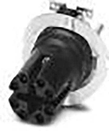 Ein schwarzer elektrischer Stecker mit mehreren runden Steckverbindungen und einem silbernen Ring.