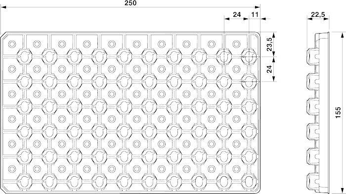 Technische Zeichnung einer rechteckigen Platte mit Löchern, Abmessungen: 250 mm x 155 mm, Lochabstand: 24 mm. Seitenansicht zeigt Lochhöhe von 22,5 mm.