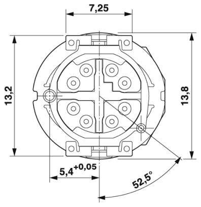 Technische Zeichnung zeigt eine kreisförmige Steckverbindung mit mehreren Maßen, unter anderem 7,25 mm, 13,2 mm, 13,8 mm.