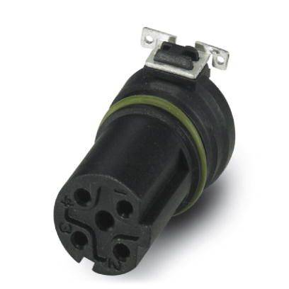 Ein schwarzer elektrischer Stecker mit mehreren runden Steckplätzen, oben zwei Metalllaschen für die Befestigung.