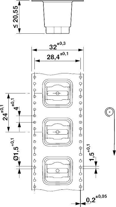 Technische Zeichnung eines 3-fachen Schalters mit Abmessungen: Breite 32mm, Höhe 20,55mm, Abstand zwischen Schaltern 4mm.