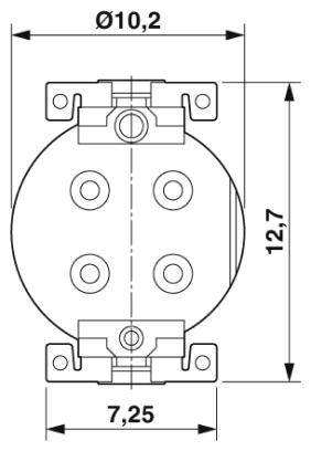Technische Zeichnung eines runden Bauteils mit verrundeten Rechtecken rechts und links, Durchmesser 10,2 mm, Höhe 12,7 mm.