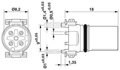 Technische Zeichnung eines runden Steckverbinders mit Abmessungen: Durchmesser 8,2 mm, Länge 18 mm, Schnitt mit Maßangaben.