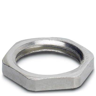 Sechskantmutter aus Metall, silberfarben, liegt auf weißem Hintergrund.