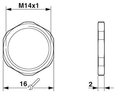 Technische Zeichnung einer runden Schraubenmutter mit den Maßen M14x1, 16 mm Durchmesser und 2 mm Breite, seitliche und frontale Ansicht.