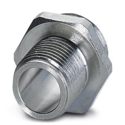 Metallischer Steckverbinder mit Gewinde, geeignet für industrielle Anwendungen, zeigt die Vorderseite mit deutlich sichtbaren Rillen.