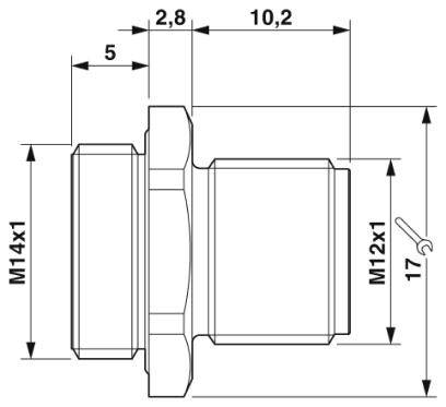 Technische Zeichnung eines zylindrischen Bauteils mit metrischen Gewinden M14x1 und M12x1, Länge 10,2 mm, Breite 17 mm.