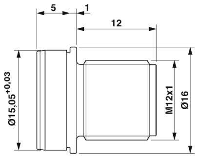 Technische Zeichnung eines zylindrischen Teils mit Bemaßungen: Durchmesser 15 und 16, Länge 12, Gewinde M12x1.