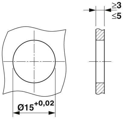 Technische Zeichnung eines zylinderförmigen Teils mit sichtbaren Maßen: Durchmesser 15 mm (+0,02), Höhe 3 mm, Randdicke 5 mm.