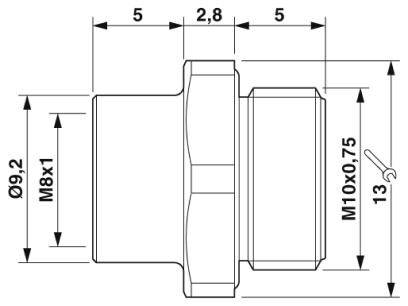 Technische Zeichnung eines zylindrischen Teils mit Maßen: Gesamtlänge 13 mm, Durchmesser 9,2 mm, Gewinde M8x1 und M10x0,75.