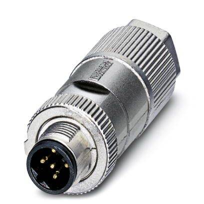 Ein silberner Stecker mit rundem Gehäuse und vier schwarzen Pins, verwendet für elektrische Verbindungen in Geräten und Maschinen.