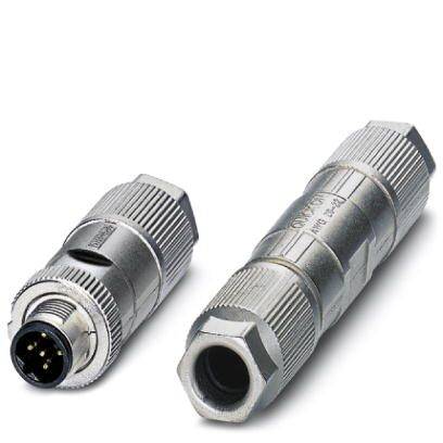 Zwei silberne Steckverbinder, einer liegend mit sichtbaren Pins und der andere stehend. Industrielles Design, M12-Anschlüsse.