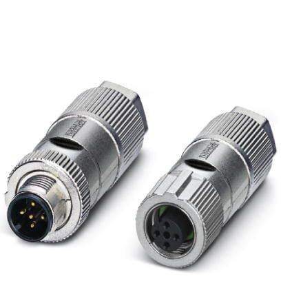 Zwei metallische Rundsteckverbinder: links ein Stecker mit sichtbaren Pins, rechts eine Buchse. Beide zylinderförmig und geriffelt.