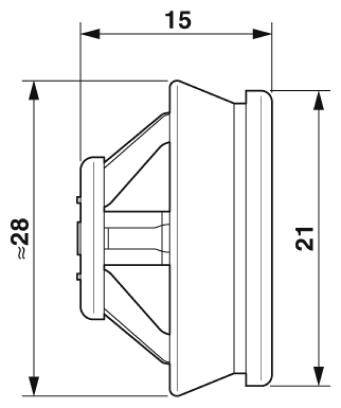 Technische Zeichnung eines Lautsprecherschnitts mit Abmessungen: Durchmesser 15 cm, Gesamthöhe 28 cm, Tiefe 21 cm.
